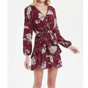 Uquest Burgundy Floral Print Long Sleeve Ruffle Dress / small